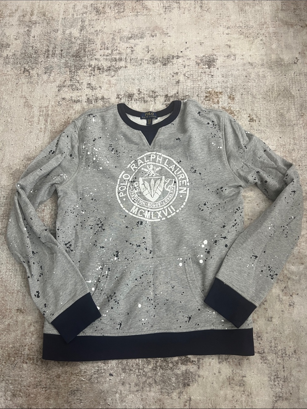 Polo by Ralph Lauren Grey Splatter Crewneck Sweatshirt with Navy Trim